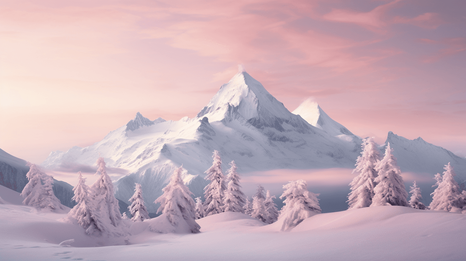 Snow-covered mountain peak under a pink dawn sky with frosted pine trees