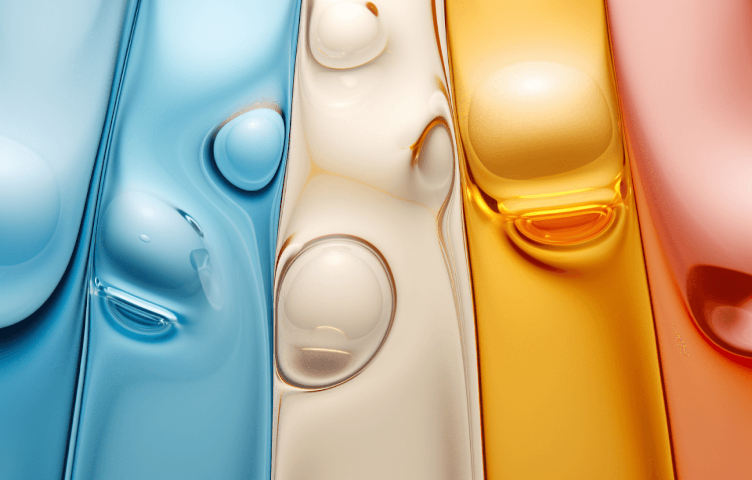Glossy liquid bands in blue, cream, amber and coral with bubble shapes