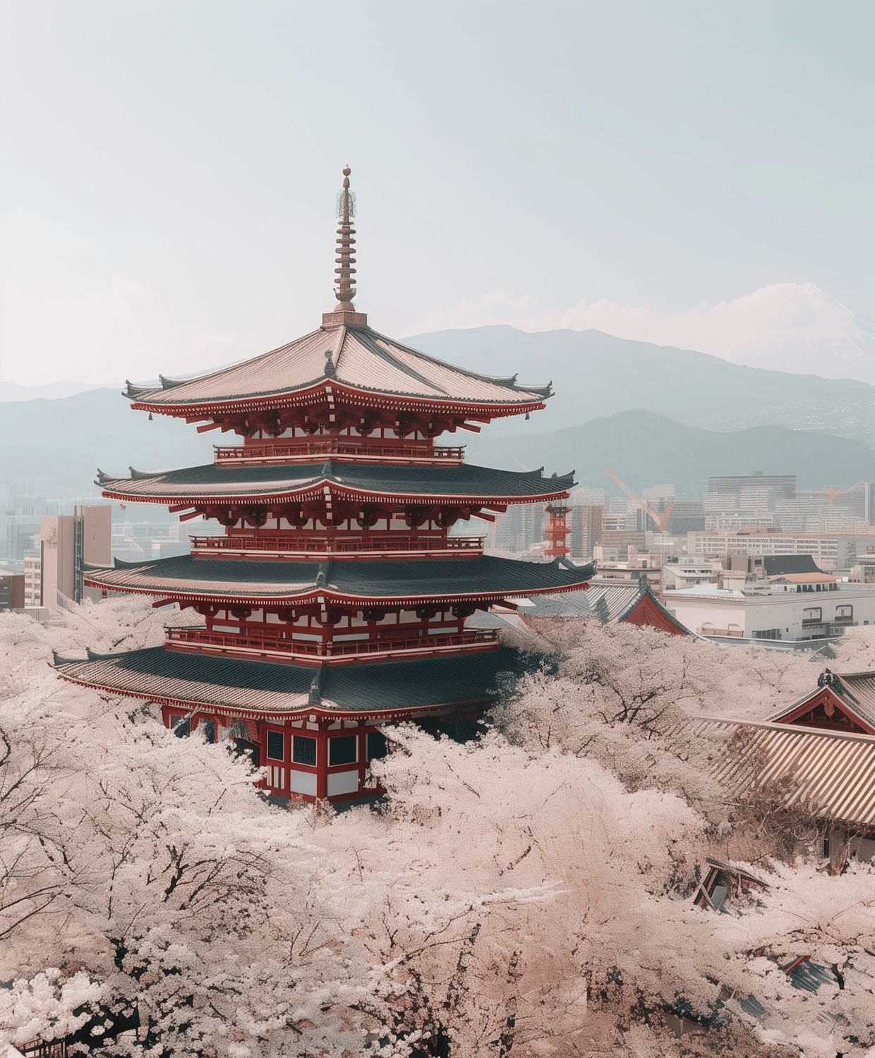Red pagoda rising above pink cherry blossom trees with mountains behind
