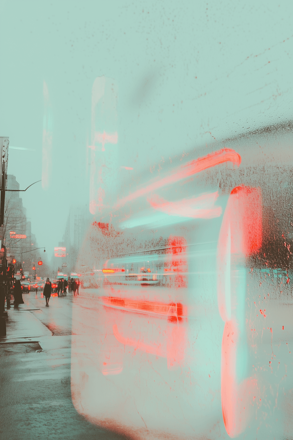 Rainy city street seen through wet glass with red light streaks