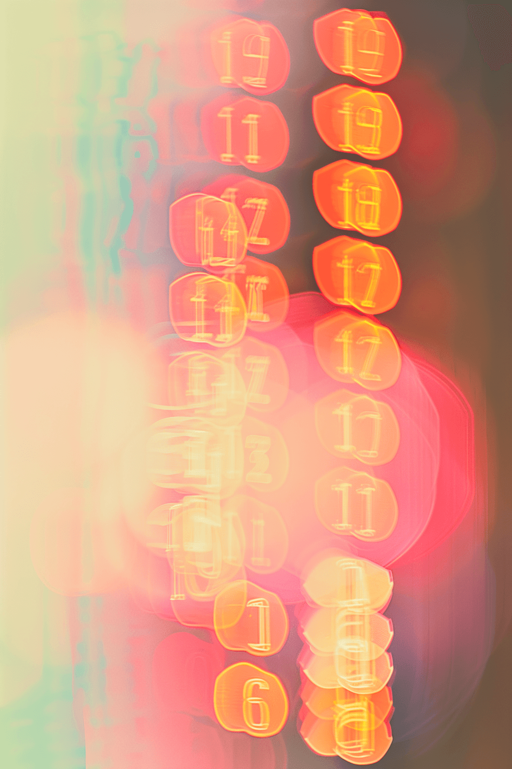 Glowing orange and pink numbers blurred in motion